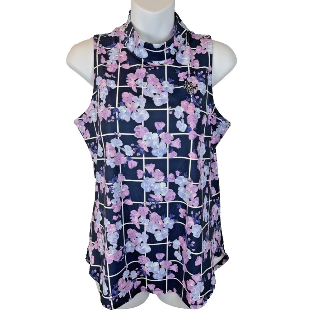 Peter Millar Performance S Blue Floral High Neck Sleeveless UPF 50 Turtle Logo